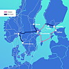 Kart som viser GlobalConnects fiberforbindelser mellom storbyer i Norden og Østersjøen.