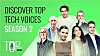 Gruppeportrett av podkastverter og gjester foran grønn bakgrunn med teksten Top Tech Voices sesong 2.