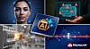 Montasje med Edge AI-logo, ansiktsskanning, motoranalyse, gnister i skap og Microchip-logo.