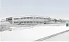 Arkitektonisk illustrasjon av et nytt, rektangulært industribygg sett fra utsiden.