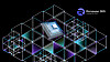 Illustrasjon av Renesas 365-logo og stilisert kretsbrikke i et tredimensjonalt rutenett.