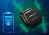 Illustrasjon av Nanopower nPZero-brikke ved siden av batterisymbol på kretskortbakgrunn.