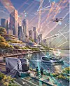 Illustrasjon av futuristisk havneby med autonome busser, båter og droner i bevegelse.